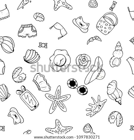 Summer seamless pattern. Endless texture with summer theme. Black and white monochrome.