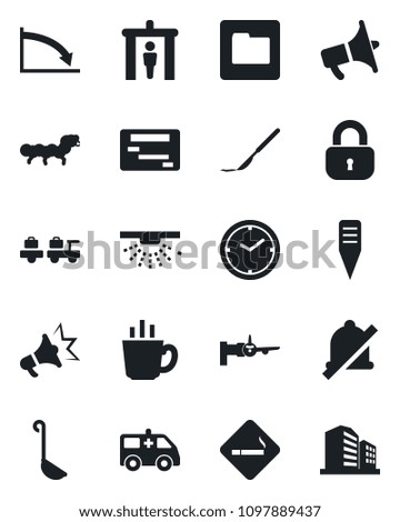 Set of vector isolated black icon - security gate vector, smoking place, baggage larry, boarding, plant label, caterpillar, scalpel, ambulance car, loudspeaker, folder, mute, clock, lock, coffee
