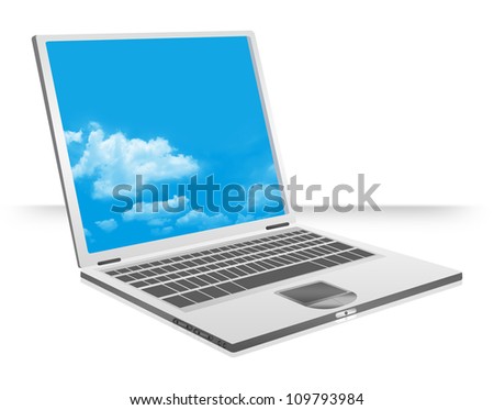 Computer Notebook With Blue Sky Wallpaper Isolated on White Background