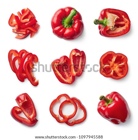 Set of fresh whole and sliced sweet red pepper isolated on white background. Top view Royalty-Free Stock Photo #1097945588