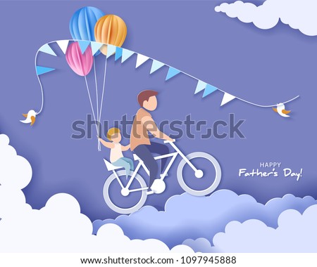 Handsome man and his son bicycling with air balloons. Happy fathers day card. Paper cut style. Vector illustration