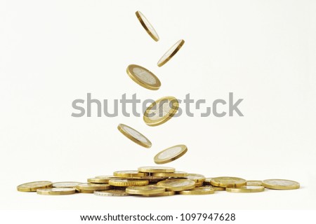 Falling euro coins on white background Royalty-Free Stock Photo #1097947628