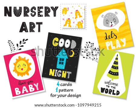 Collection of 4 cards and 1 cute seamless pattern for kids in the scandinavian style. Can be used print for t-shirts, home decor, cards, posters for baby room or bedroom.