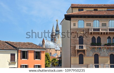 colorful corner with old buildings architecture and church dome in old part of Padua, italy