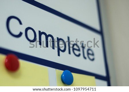 a blur image of a visual board in the meeting room focusing at the complete work section on a business operation project chart
