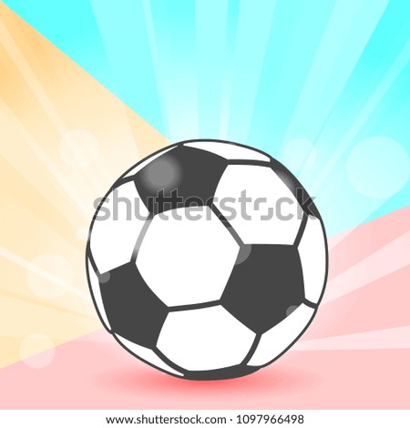 Flat modern pastel colored soccer ball icon with shadow and flash rays on pink and blue background