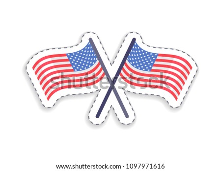 Two crossed Flags of United States, patch of patriotic symbols of freedom and glory vector illustration isolated on white, democratic signs closeup icons