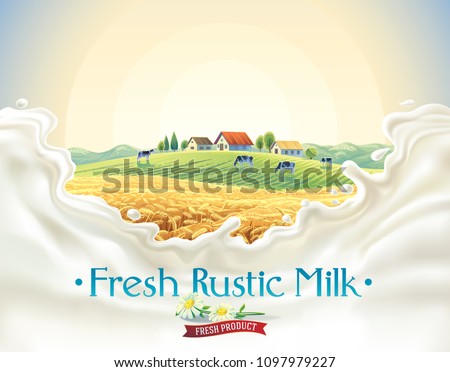 Rural landscape with herd cows, in frame  splashes from milk, with the inscription as decorative design elements. Royalty-Free Stock Photo #1097979227