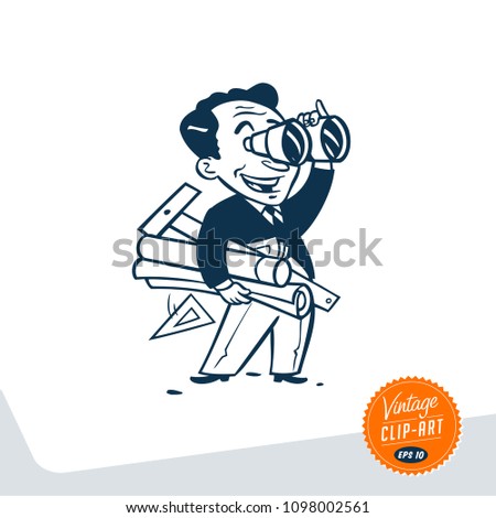 Vintage style clip art - Architect with binoculars in one hand and architectural tools and blueprints in the other - Vector EPS10