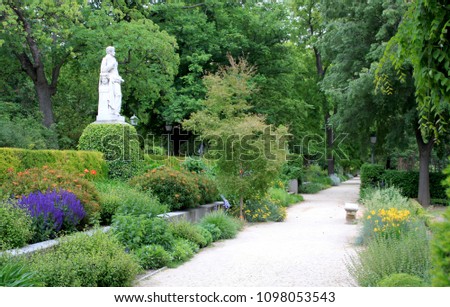 Detail of the lush green Royal Botanical Garden of Madrid (Real Jardin Botanico) in the capital of Spain, Europe. Trees, flowers, pathway and beautiful nature landscape.  Royalty-Free Stock Photo #1098053543
