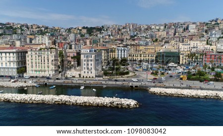 Aerial photo near Naples boulevard in Italian Napoli is third-largest municipality in Italy after Rome and one of largest metropolises on Tyrrhenian Sea which is part of Mediterranean Sea Royalty-Free Stock Photo #1098083042
