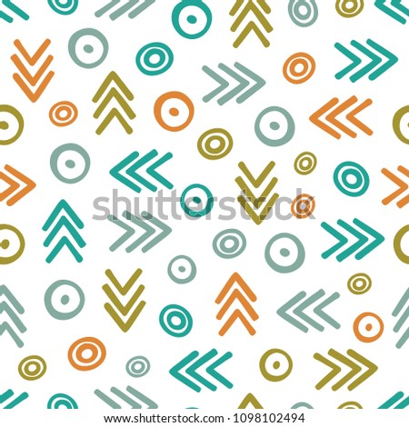 Hand drawn seamless pattern with arrows and circles. Vector illustration. Doodle style. Colorful print. Background with signs