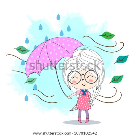 Cute Girl with an umbrella.The autumn leaves and rainy season concept on isolate background.doodle style cartoon art for cover book,clip arts,wallpaper,happy birthday,card,and any design.