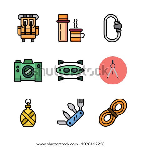 Icons Adventure with carabiner, rope, canteen and knife