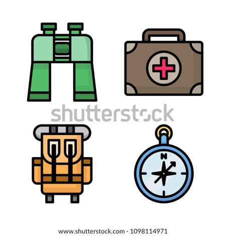Icons Adventure with binocualars, medical kit, backpack and compass
