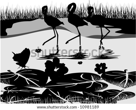 black and white birds and lake vector composition