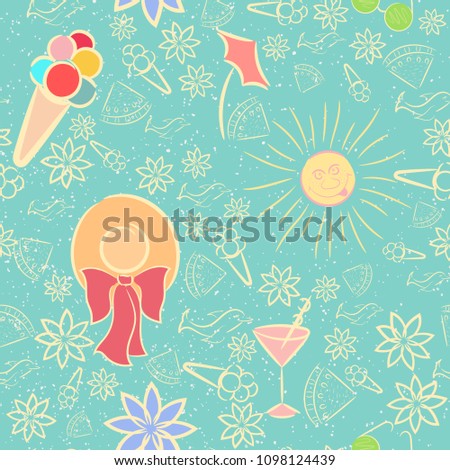 Seamless Pattern  with Sand Texture and Fun Summer Items Made with Color and Light Yellow Outline. Seamless Pattern with Summer Holidays Objects Related to Sea, Relaxation, Spa and Stuff