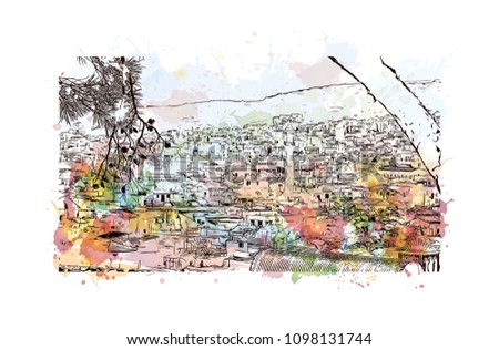 Landmark building view with street of Crete, Greece's largest island, Greece. Watercolor splash with Hand drawn sketch illustration in vector.
