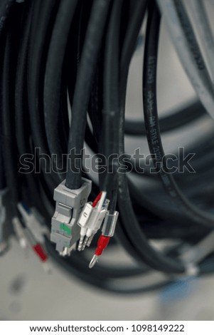 industrial electric cables with connectors, close up