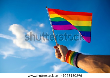 Colorful backlit rainbow gay pride flag being waved in the breeze against a sunset sky. Royalty-Free Stock Photo #1098180296