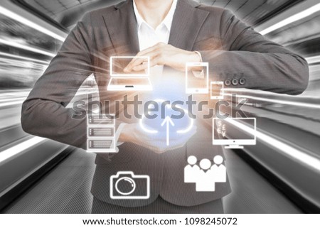 Double exposure of Businesswoman showing new icons for modern contact