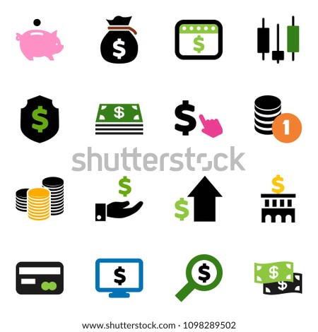 solid vector ixon set - japanese candle vector, money bag, piggy bank, investment, dollar growth, coin stack, building, search, shield, calendar, monitor, cursor, credit card, cash