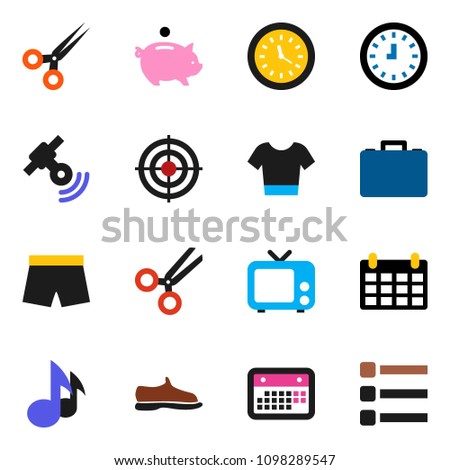 solid vector ixon set - music vector, piggy bank, case, clock, calendar, snickers, shorts, t shirt, target, satellitie, tv, scissors, menu
