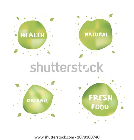 Set of organic banners with text and abstract fluid shapes. Handwritten lettering isolated on white background. Element for graphic design - emblem, poster, flyer, tag, menu. Vector illustration.