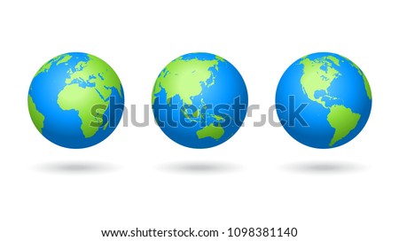 Detailed colored world map, mapped on three globes, centered on Europe, Asia and America, isolated on white background