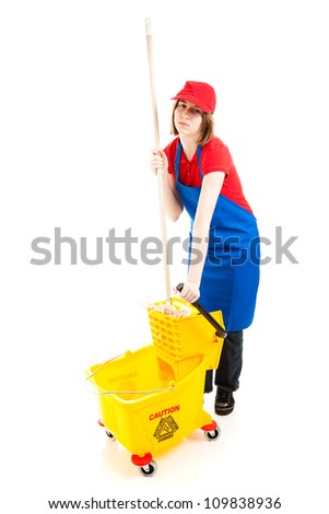 Teenage girl bored with her job moping floors.  Full body isolated on white.