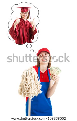Teenage girl works manual labor job to save money for college.  Isolated on white.