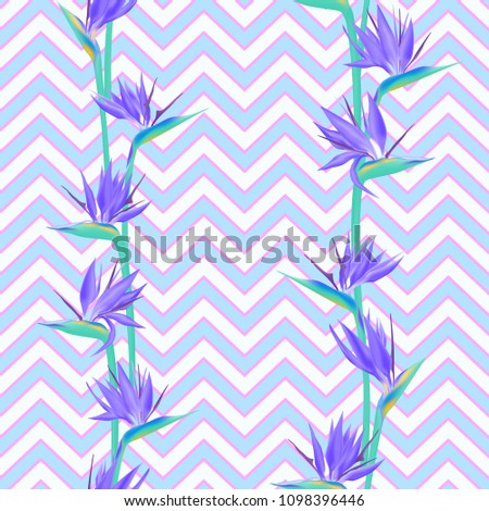 Tropical flower bird of paradise vector seamless pattern. Growing african crane flower or strelitzia reginae blossom floral textile pattern. Jungle paradise tropical plant background summer design.