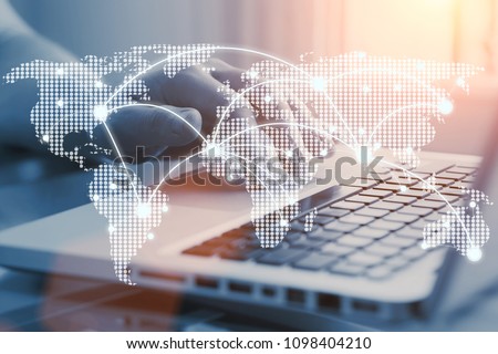 e-commerce business and international corporate trading concept. Communication network on world map. Worldwide connections. Royalty-Free Stock Photo #1098404210