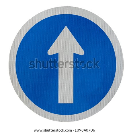 White  arrow on blue traffic sign on white background