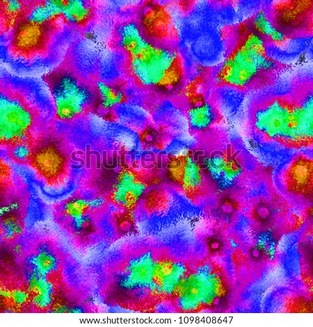 Surreal, psychedelic wet paint seamless pattern. Watercolor mixed flowing spots, dots, torn edges. Endless repeating painted abstract background for textile, surface, fashion, swimwear, modern design.