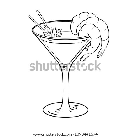 Shrimp cocktail with glass coloring retro raster illustration. Isolated image on white background. Comic book style imitation.