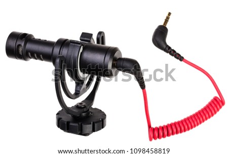 An external directional microphone for a digital camera, on a white background.
