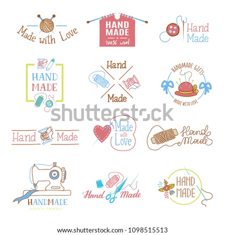 Handmade logo vector wool knitting needles or sewing handcraft hobby workshop logotype illustration set of crocheting woolly knitwear and handknitting needlework label isolated on white background