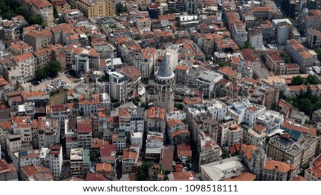 Aerial Shot of view of Istanbul with Galata Tower  - Panoramic aerial view from helicopter of famous landmarks in Istanbul, Turkey 