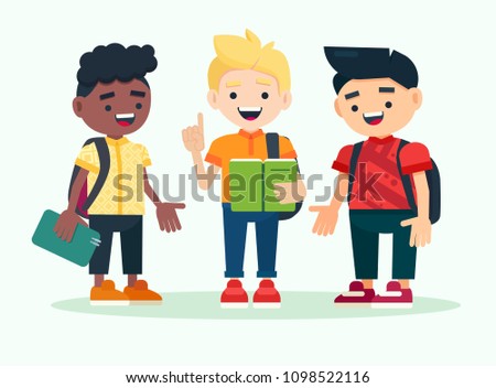 Three boys with backpacks talking about school stuff. Happy elementary pupils. Vector illustration in a flat style.