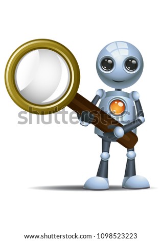 illustration of a happy droid little robot hold  magnifier on isolated white background