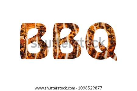 BBQ. Abbreviation of the word barbecue with the transparency of the grilled chicken steak. Juicy steak-barbecue. isolated on white background