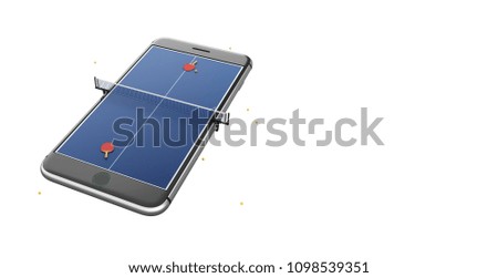 Isolated mobile phone screen ping pong game concept 3d illustration. Minimal tennis table white background design image