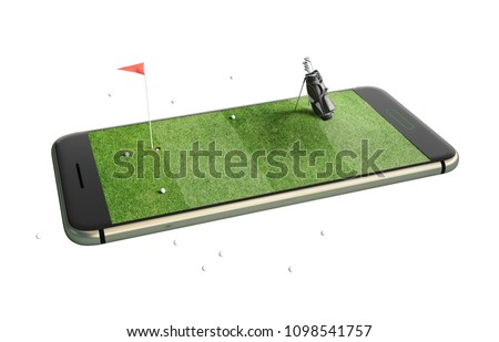 Mobile phone isolated screen golf game concept 3d illustration. Minimal golf field background design