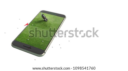 Mobile phone isolated screen golf game concept 3d illustration. Minimal golf field background design