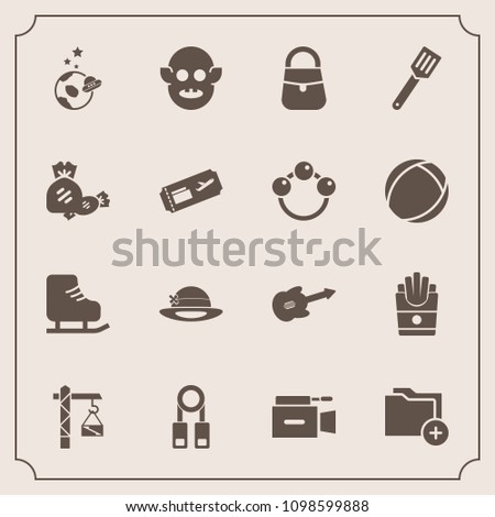 Modern, simple vector icon set with pan, exploration, food, spaceship, science, monster, film, fiction, hat, folder, data, winter, astronaut, microphone, potato, saw, snack, file, music, person icons