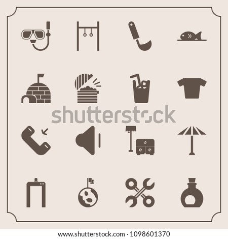 Modern, simple vector icon set with japanese, snorkel, healthy, umbrella, volume, exercise, wagasa, phone, water, nature, kitchen, button, tool, machine, repair, japan, globe, sport, chair, call icons