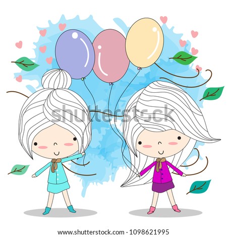 Two Cute girl holding balloons.The autumn leaves concept on isolate background.doodle style cartoon art for cover book,clip arts,wallpaper,happy birthday,card,and any design.