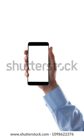 hand holding mobile phone isolated on white