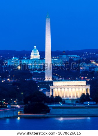 MARCH 26, 2018 - ARLINGTON, VA - WASH D.C. - Aerial view of Washington D.C. from Arlington, Virginia shows Lincoln & Washington Memorial and U.S. Capitol